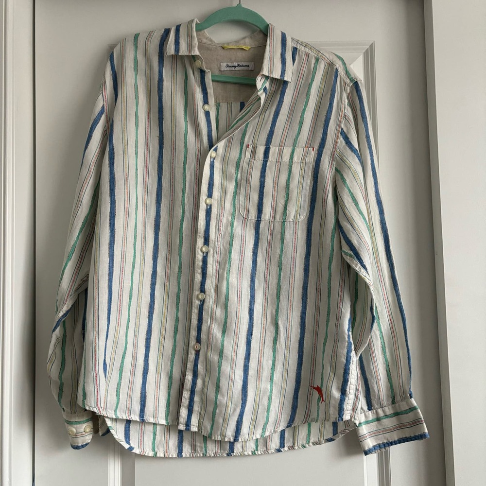 Tommy Bahama Striped Linen Button Down Shirt Sz M Resort